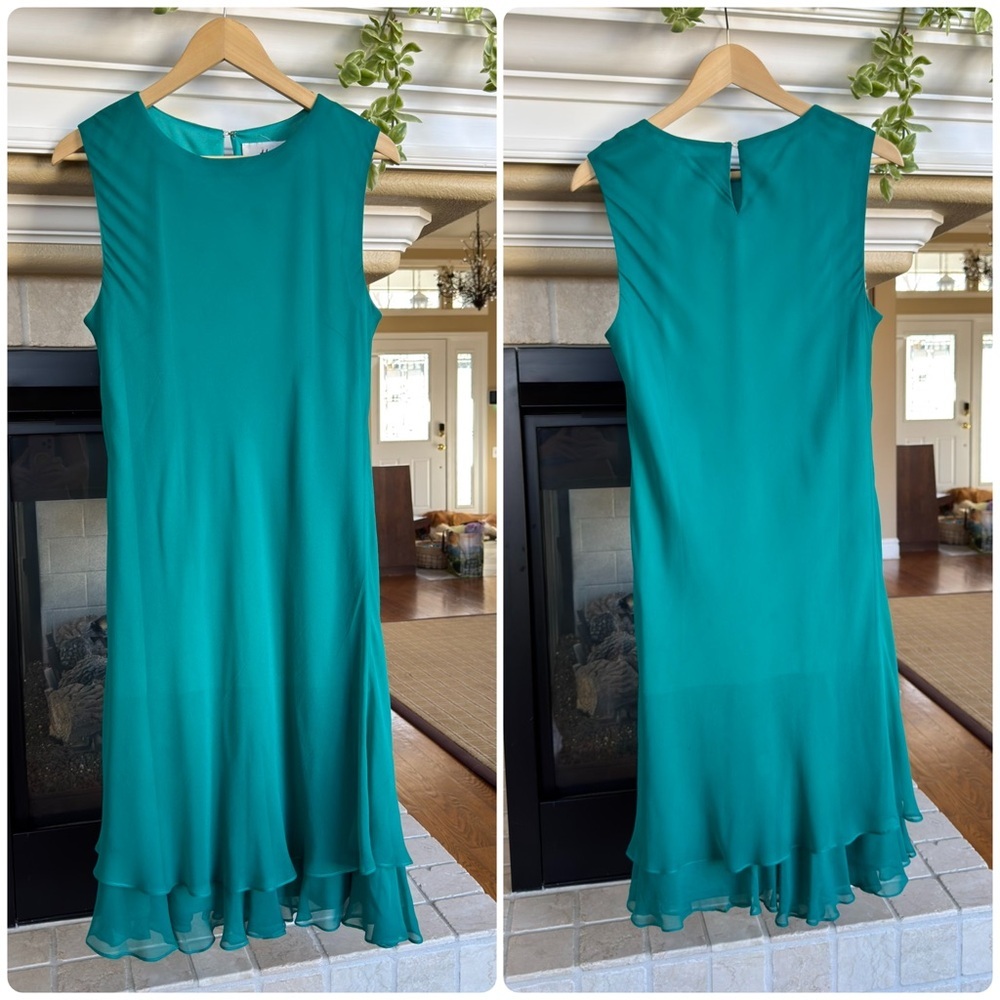 Vintage 90s Cattiva Emerald Silk Dress Midi Formal Elegant Jewel Medium 12